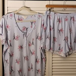 Karen Neuburger Striped Pajama Set with Pink Floral and Eiffel Tower Design